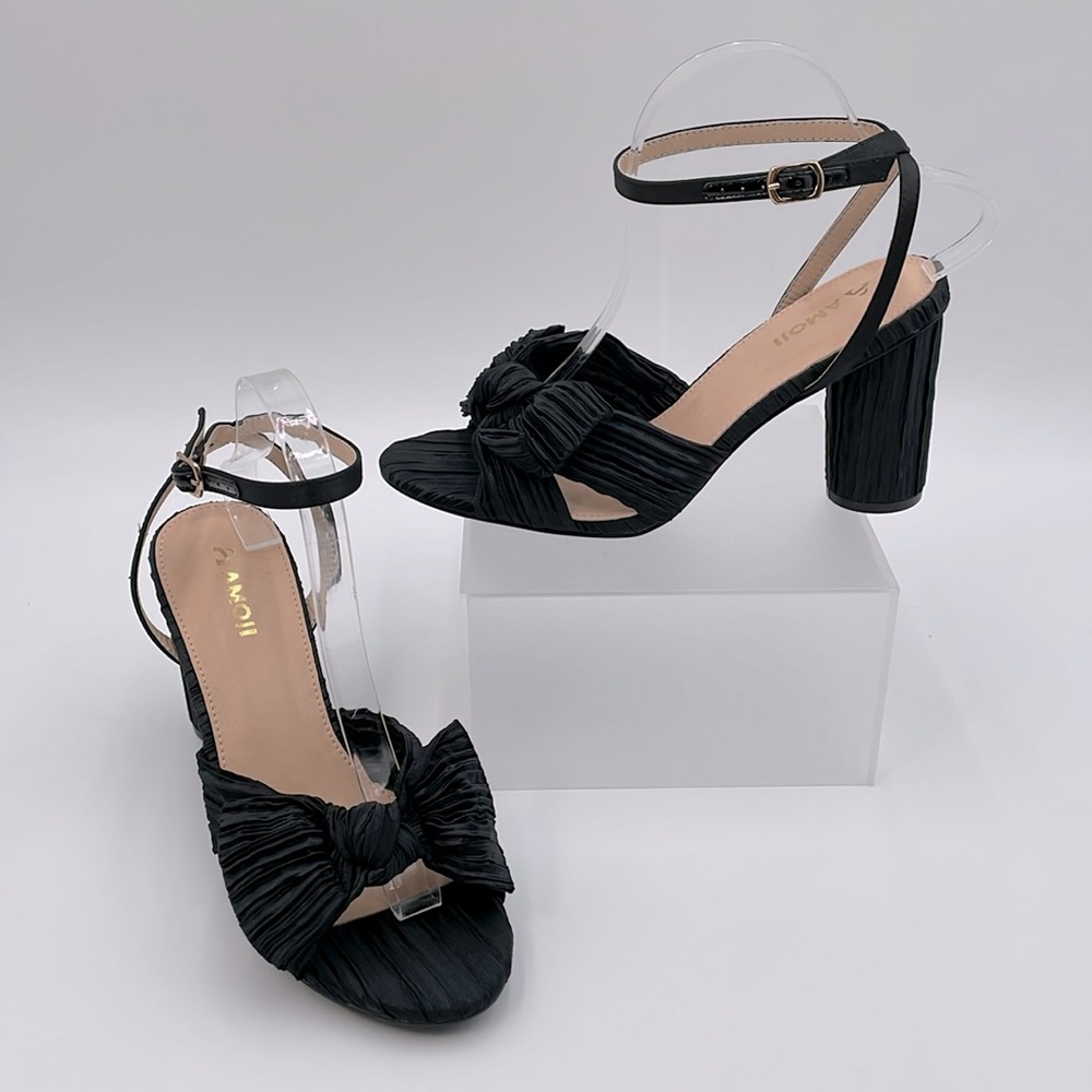 Amoji Satin Block Heel 3.7 Inch Bowknot Pleated‎ Satin Ankle Strap Heel 8.5 (40)